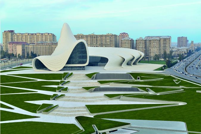 The Heydar Aliyev Center. The building complex has designed by famous architect Zaha Hadid.